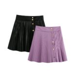 2 colorway fashion design women short pu pleated leather skirt with buttons
